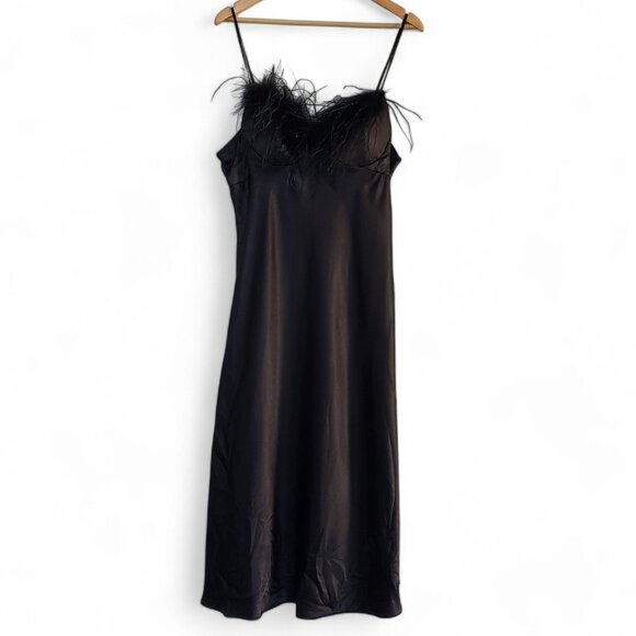 Moviestar Black Feather Trim Satin Slip Dress Women's Evening Night Out Retro XL - Picture 1 of 6